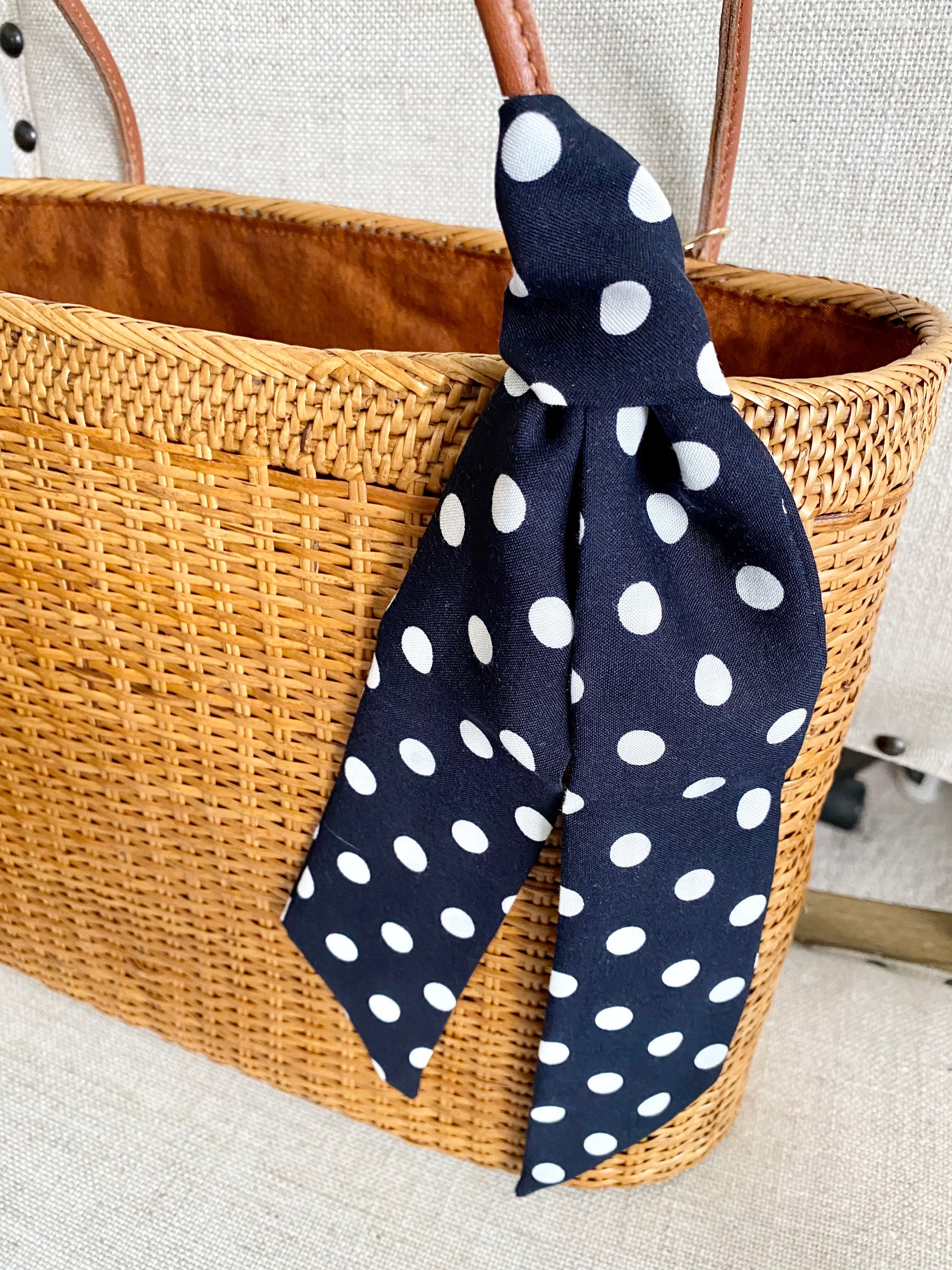 Navy Polka Dot Skinny Scarf: Silky Purse Bow, Hair Tie - Etsy display picture 1