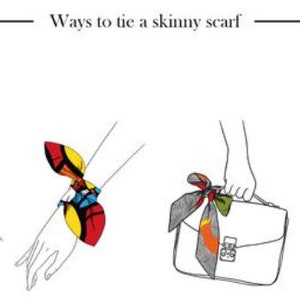 以下が含まれることがあります： 細いスカーフを結ぶ4つの異なる方法を示すイラスト。スカーフは、赤、黄、青、緑の幾何学模様でカラフルです。