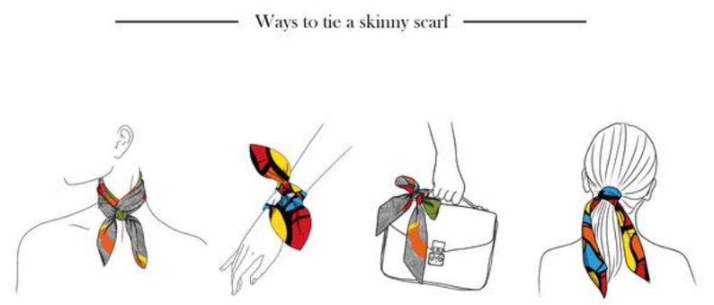 以下が含まれることがあります： 細いスカーフを結ぶ4つの異なる方法を示すイラスト。スカーフは、赤、黄、青、緑の幾何学模様でカラフルです。