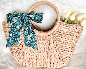 Blue Floral Skinny Scarf: Multi-Use Purse Scarf, Hair Accessories