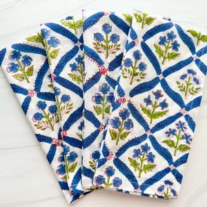 Blue Trellis Block Print Cloth Napkins - Set of 4