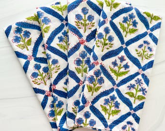 Blue Trellis Block Print Cloth Dinner Napkins - Set of 4