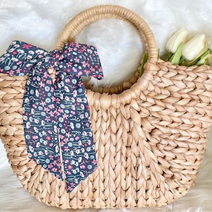 Floral Skinny Scarf, Purse Scarf, Purse Bow, Purse Accessories, Wreath Bow, Wreath Sash, Hat Band, Floral Hair Tie - Gray w/Pink Flowers