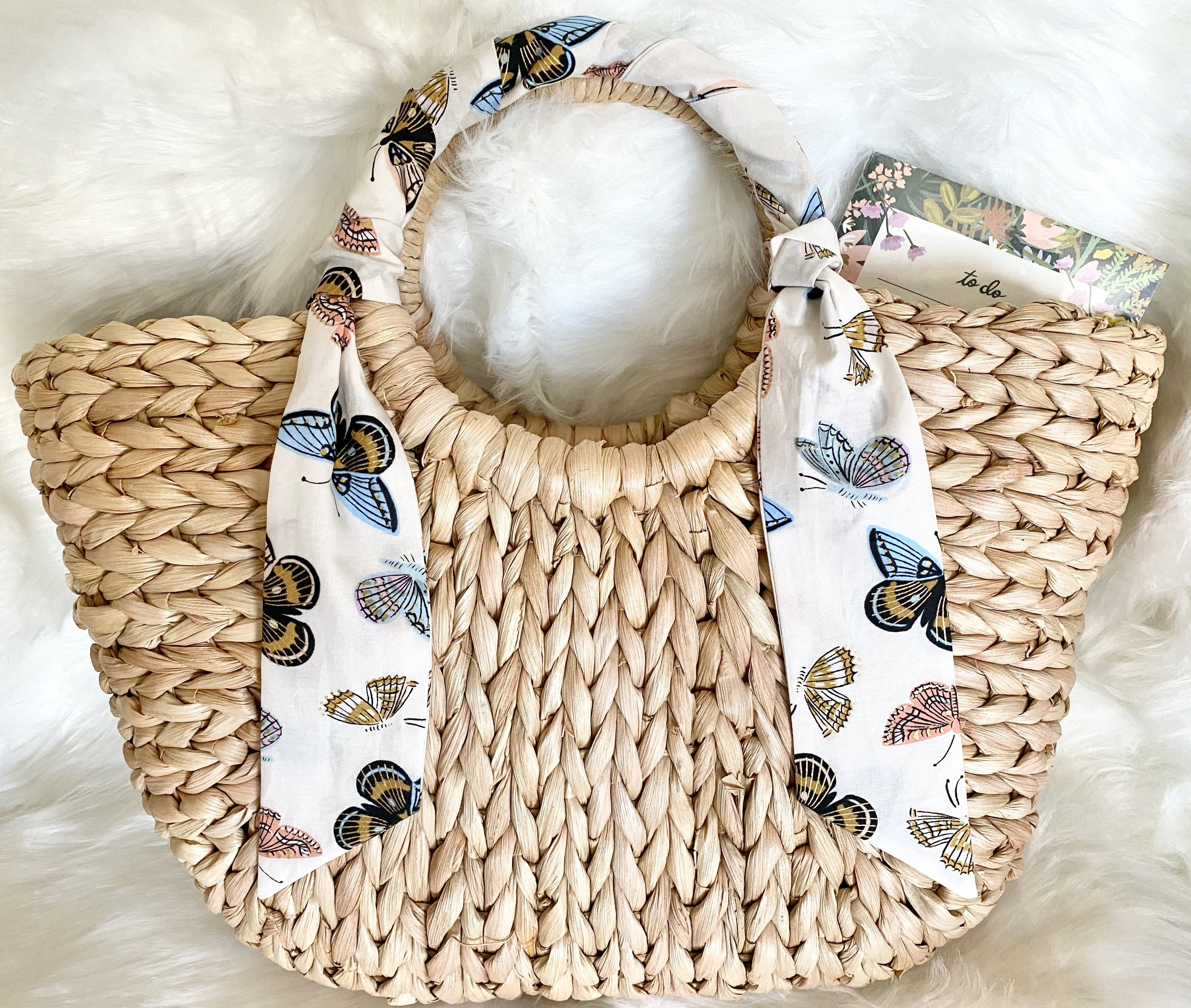 Beige Vacation Straw Bag with Twilly Scarf Double Handle