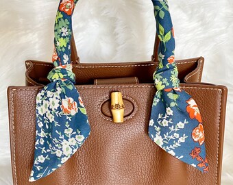 Blue Botanical Floral Skinny Scarf: Silky Purse Bow, Hair Tie