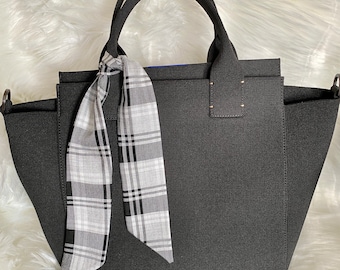 Black and White Plaid Cotton Skinny Scarf: Multi-Use Purse Accessory