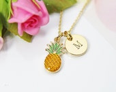 Gold Pineapple Charm Necklace, Pineapple Charm, Food Fruit Charm, Hand Stamped Personalized Initial or Zodiac Constellations Gift, N2193
