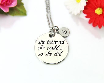 Silver Pink Box Flower Pendant Inspirational Necklace She Believed she Could