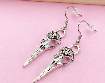 Raven Skull Dangle Earrings, Gothic Halloween Jewelry