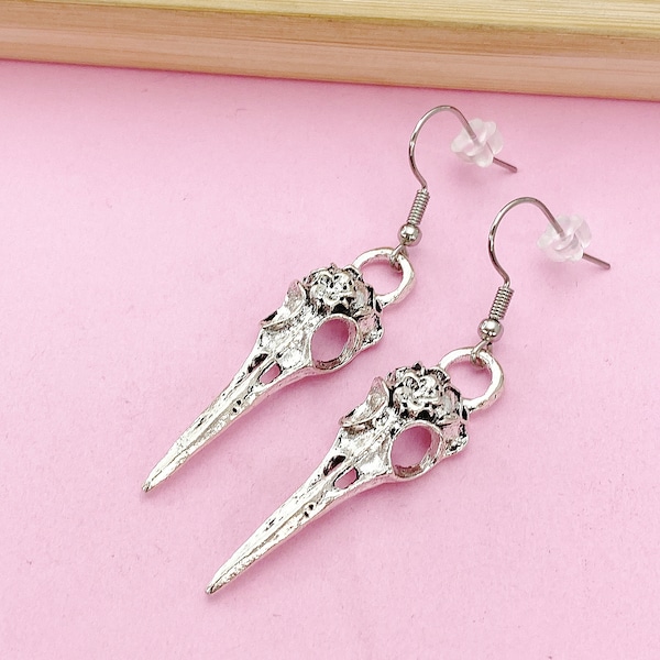 Raven Skull Dangle Earrings, Gothic Halloween Jewelry