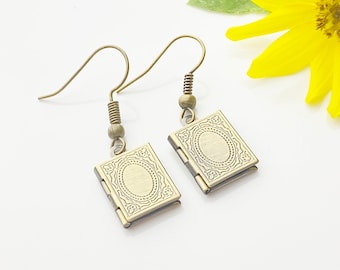 Bronze Book Locket Earrings, Tiny Dangle Earrings