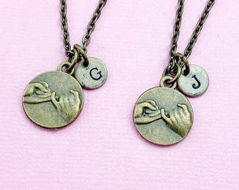 Pinky Promise Necklace Set, Bronze Charm, Initial Necklace