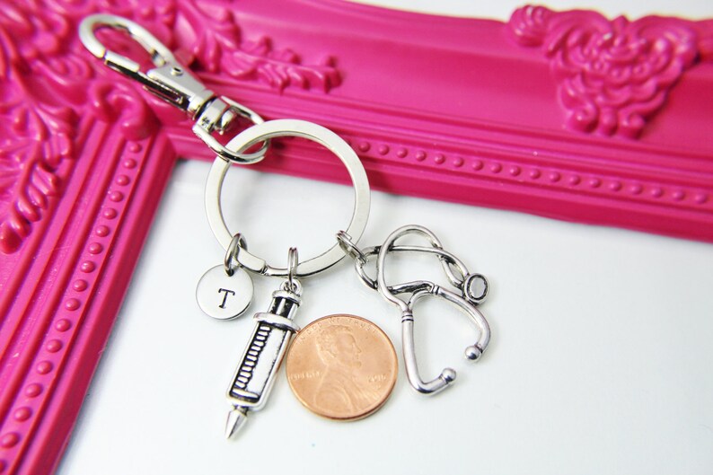 Personalized Gift Silver Syringe Charm Keychain N1593 Stethoscope Charm Keychain Medical School Gift Phlebotomy Phlebotomist Gift