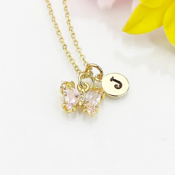 Butterfly Necklace, Small Beautiful Pale Goldenrod Butterfly Cubic Zirconia Jewelry Gift, N4836