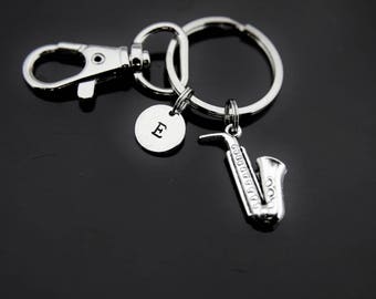 Silver Saxophone Musical Instrument Charm Keychain, Personalized Initial Charm Gifts.