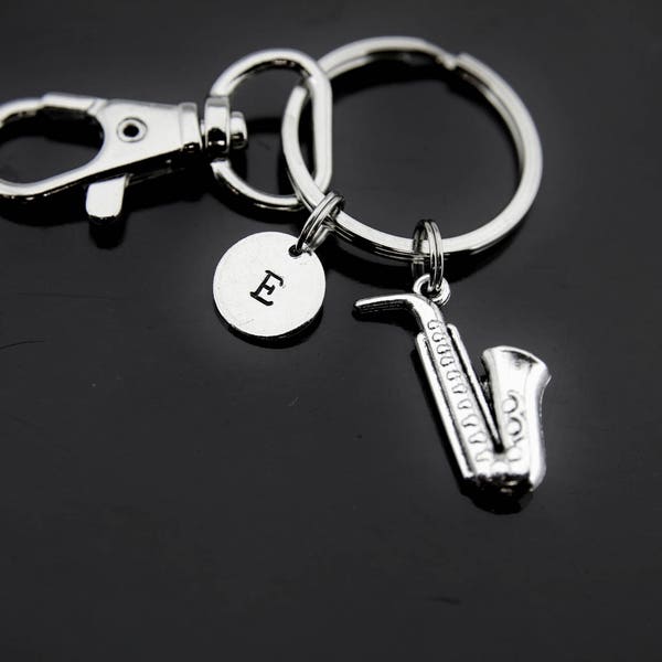 Silver Saxophone Musical Instrument Charm Keychain, Personalized Initial Charm Gifts.