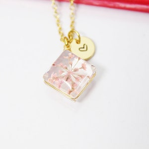 Best Christmas Gift for Mom Grandmother Great Grandma Aunt, Real Pressed Flower, Gold Rhombus Pink Flower Necklace, Personalized Gift, N2952