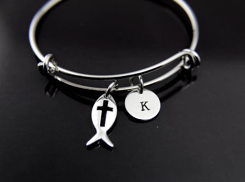 Jesus Fish Cross Charm Bangle Jesus Fish Cross Charm Bracelet Jesus Fish Cross Charm Jesus Fish Cross Jewelry Personalized Initial Bracelet image 1