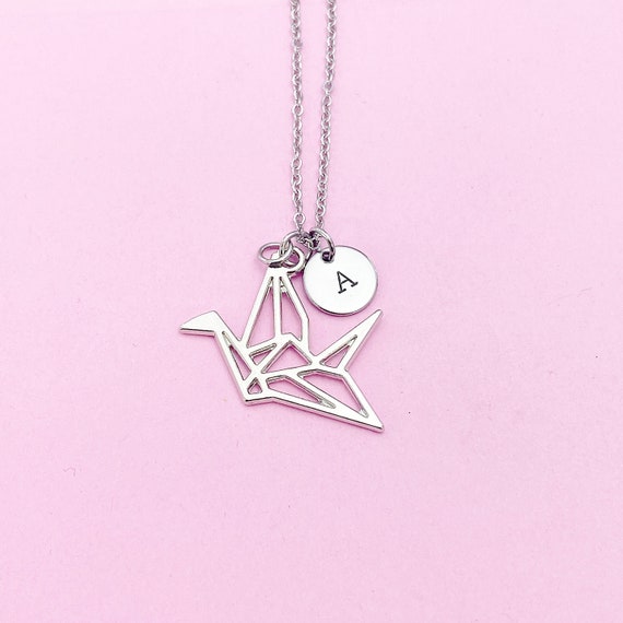 Crane Necklace, Origami Bird Charm, Personalized Initial, Silver Tone
