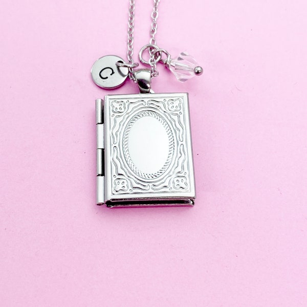 Silver Book Locket Charm Necklace, AN4917