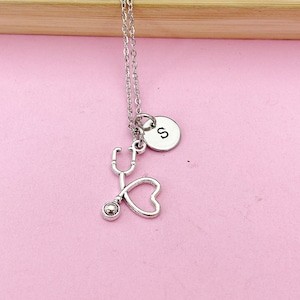 Stethoscope Heart Necklace, Initial Charm, Doctor Gift