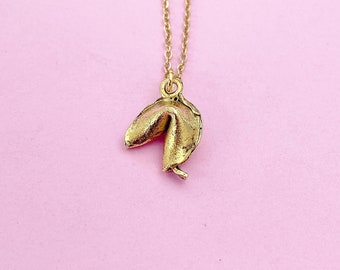 Gold Fortune Cookie Charm Necklace, Lucky Gift