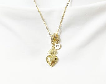 Gold Sacred Heart Pendant Necklace – Dainty Faith Protection Gift Jewelry, N6843