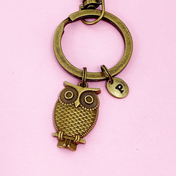 Owl Keychain, Bronze Owl Charm Keychain, Owl  Key ring, Bird Charms, Owl Pendants, Personalized Keychain, Initial Charm, Initial Keychain
