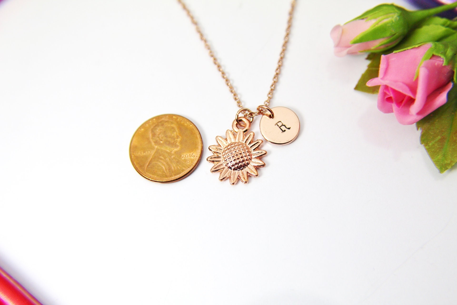 Rose Gold Sunflower Charm Necklace 
