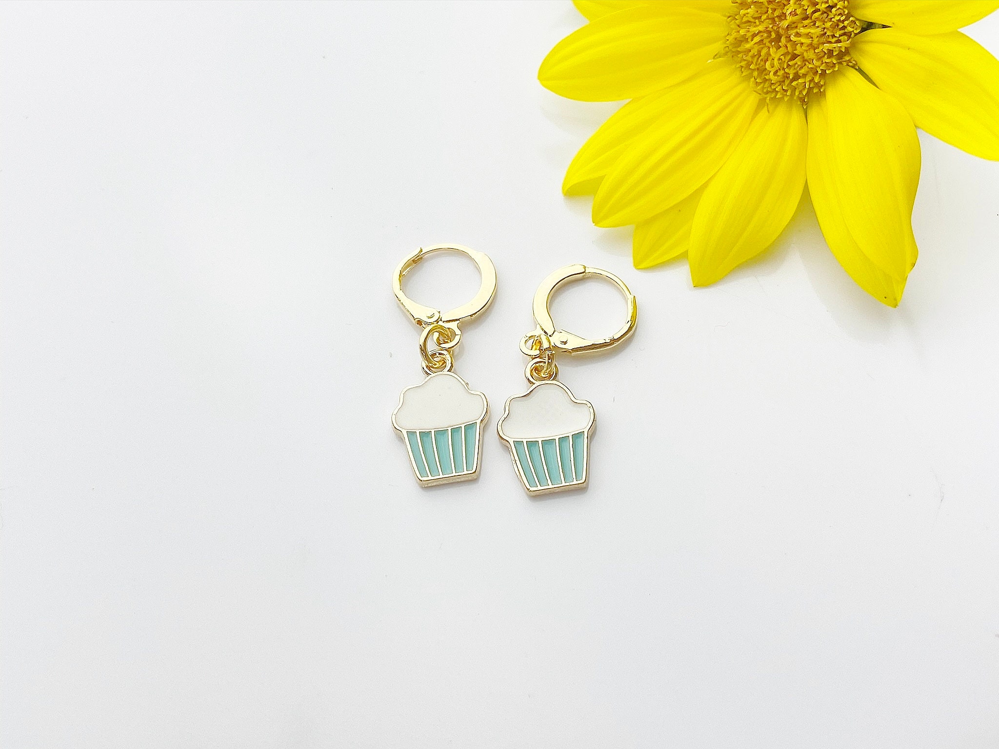 Gold Cute Cupcake Earrings Blue Pale Turquoise Cupcake Foodie Etsy