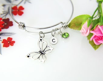 Butterfly Bracelet, Silver Butterfly Charm, Butterfly Charm Bangle, Insect Charm, Bug Charm, Christmas Gift, Personalized Initial, B244