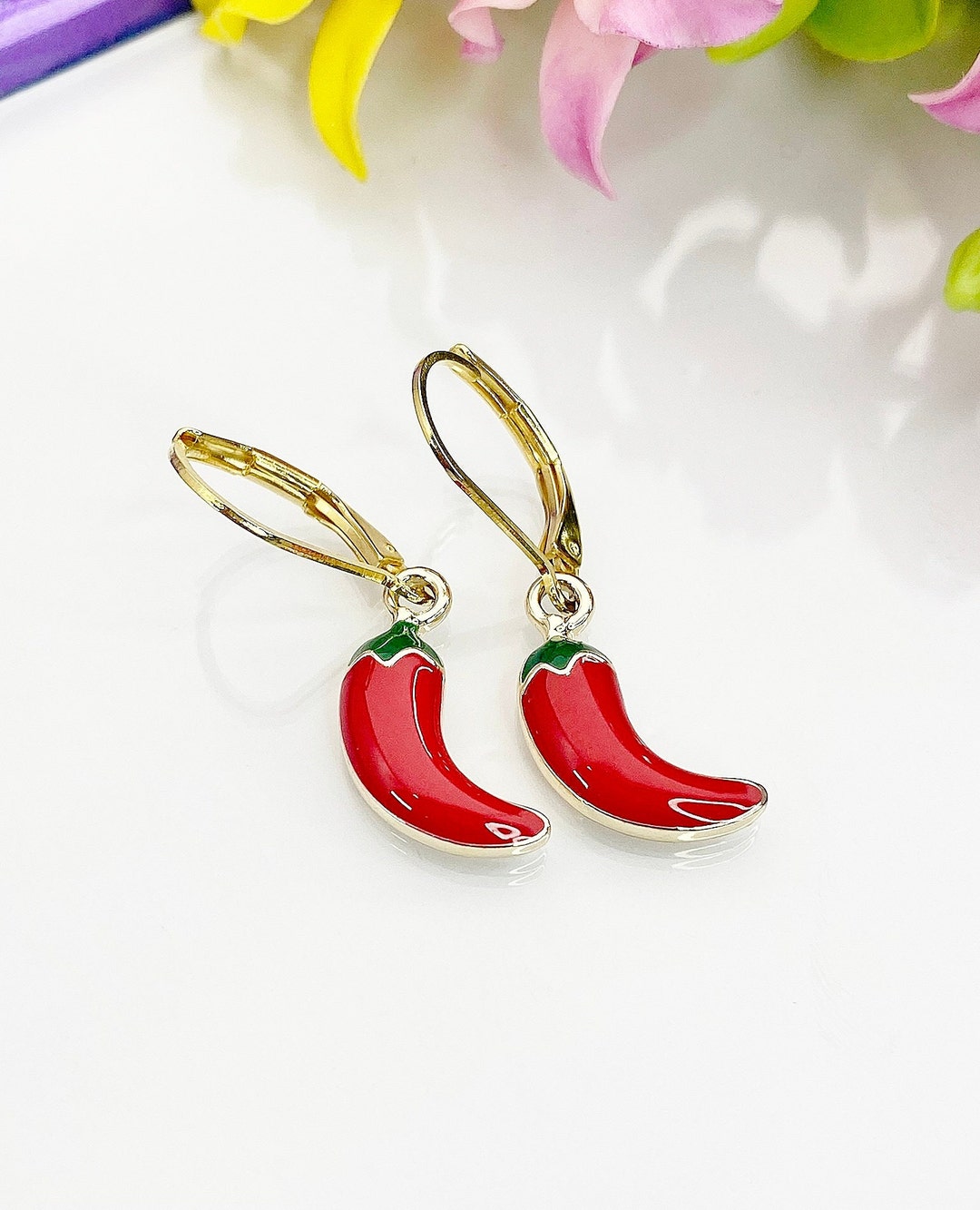 Red Hot Chili Pepper Earrings, Hypoallergenic, Dangle Hoop Leverback