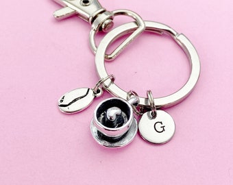 Coffee Bean Keychain, Initial Charm, Personalized Coffee Lover Gift