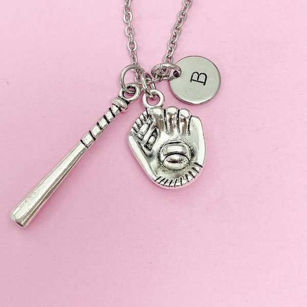 Silver Softball Charm Necklace Mitt Baseball Bat Charm Softball Girl Gifts Ideas Personalized Customized Made to Order, N2901