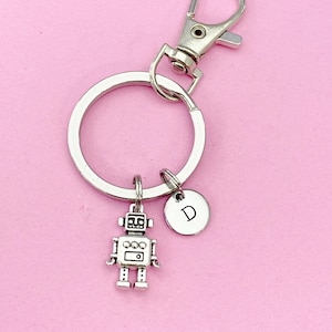 Silver Robot Charm Keychain, Robotic Gift, Personalized Initial Keychain, N4916