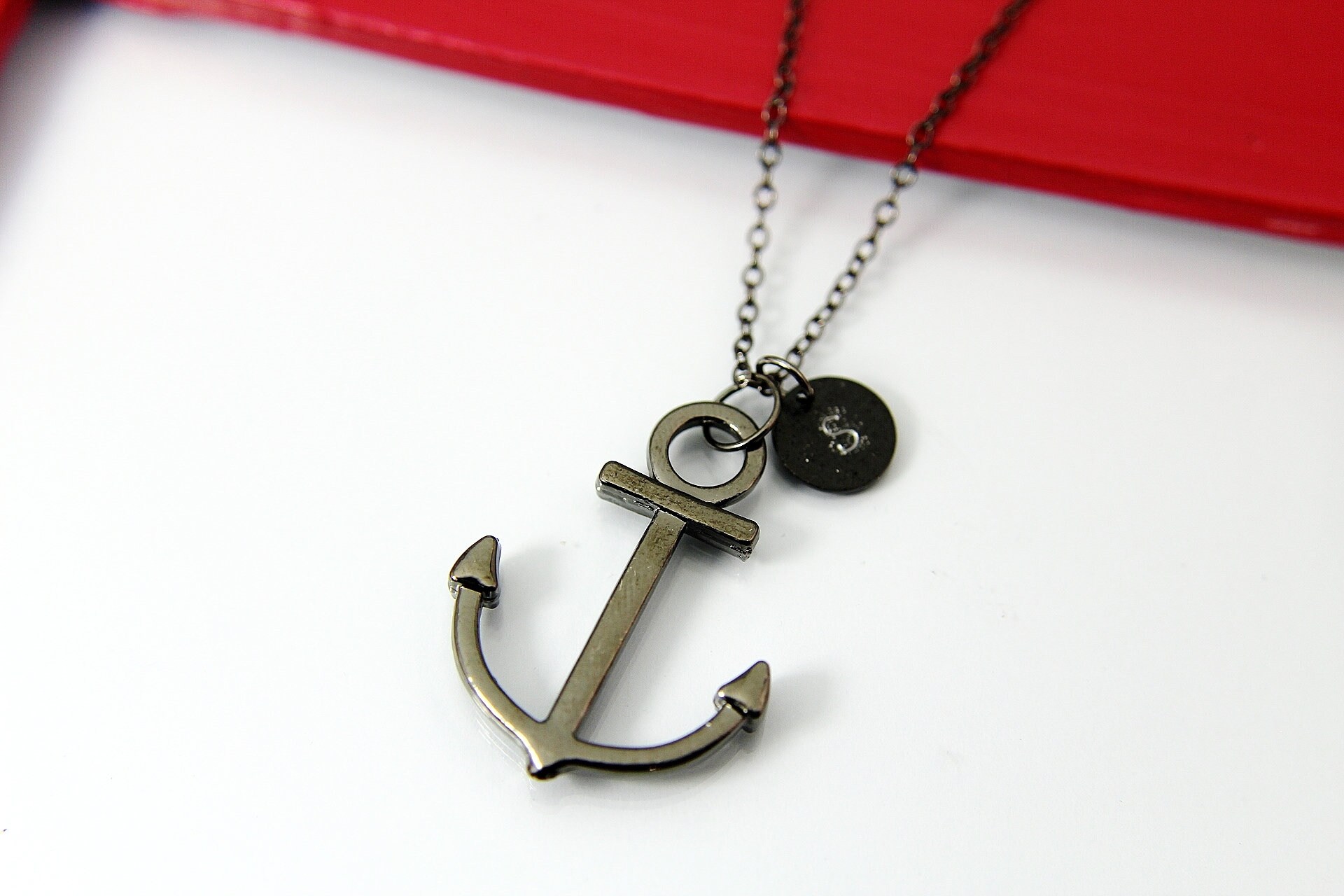 Black Anchor Pendant Necklace Mens Necklace N2037 Etsy