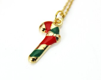 Gold Christmas Candy Cane Charm Necklace, Candy Cane Charm, Red Green Christmas Candy Cane Jewelry, Personalized Gift, Christmas Gift, N619