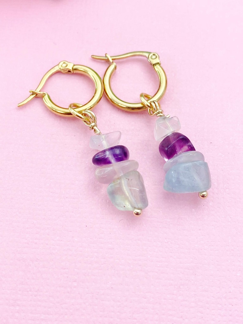 Gold Fluorite Earrings, Natural Gemstone Jewelry, N3975 image 2