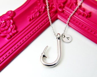 Silver Fishhook Charm Necklace, Personalized Jewelry, N1562