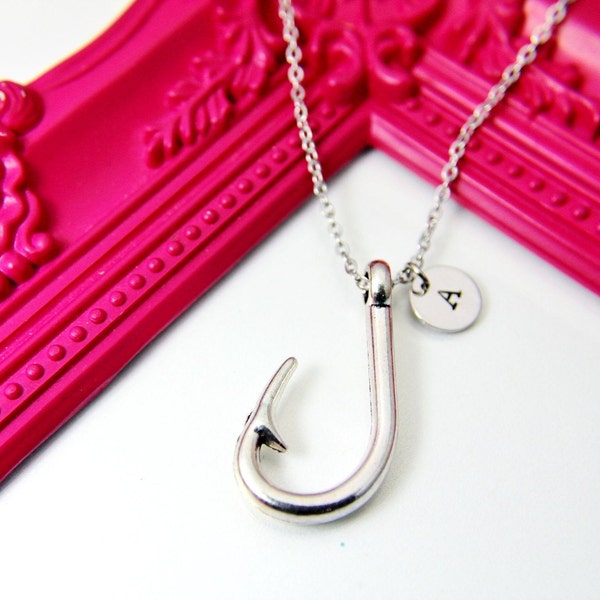 Silver Fishhook Charm Necklace, Personalized Jewelry, N1562