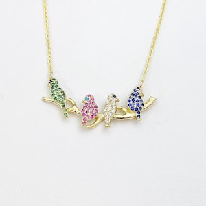 Bird Necklace, Gold Green Pink Blue Diamond Bird on the Branch Charm Necklace, N6086