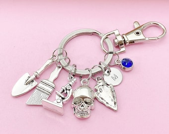 Archaeologists Keychain, Microscope, Brush, Shovel, Arrowhead Personalized Customized Monogram Made to Order Jewelry, N5407
