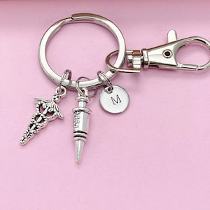 Silver Medical Syringe Caduceus Charm Keychain, Gifts for Medical School, Phlebotomy Phlebotomist, N1977