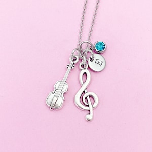 Silver Treble Clef Music Note Violin Viola Charm Necklace, Birthstone Jewelry, N3107