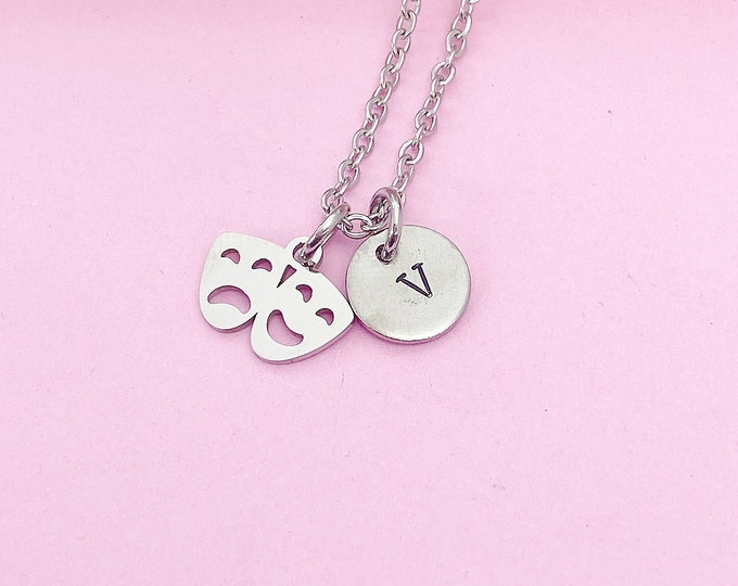 Comedy Tragedy Drama Mask Charm Necklace, Hand Stamped Initial Pendant