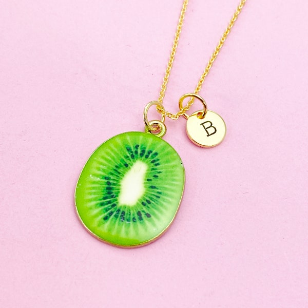 Lime Green Kiwi Fruit Slice Necklace in Gold, N5573