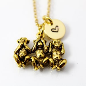 Three Wise Monkeys Necklace, Gold Three Monkeys Charm, Three Monkeys Jewelry, No Evil Wise Monkey, Personalized Gift, Christmas Gift, N479