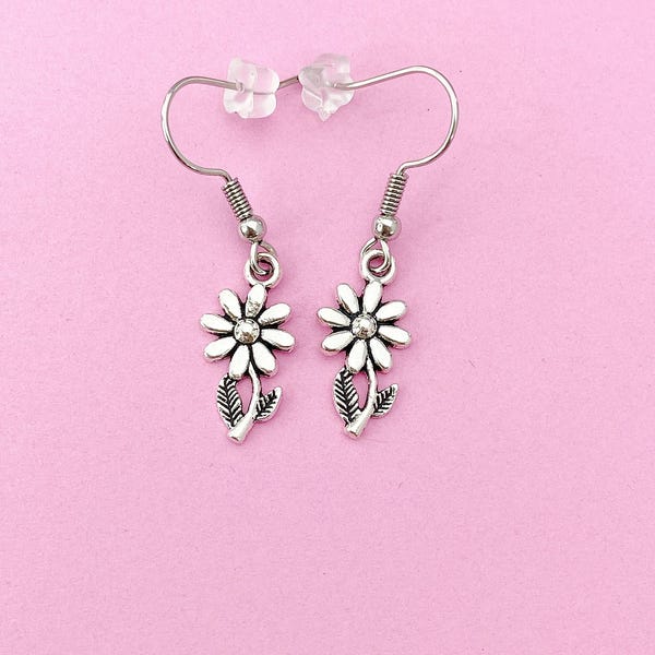 Silver Daisy Flower Charm Dangle Earrings, Gold Option, N5756A