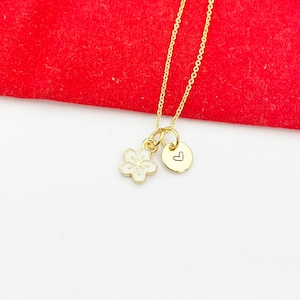 Gold Japanese Cherry Blossom Necklace, Tiny Sakura Flower, Personized Customized Initial Necklace, N5305