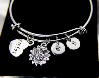 Best Christmas Gift Sister Bracelet, Sunflower Charm, Sister Charm, Heart Charm Bracelet, Sister Gift, Personalized Gift, B51